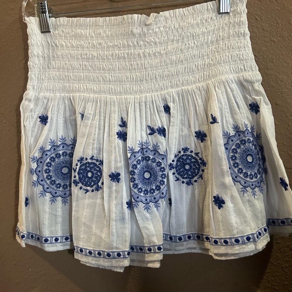 Ramy Brook White Skirt with Blue Embroidery